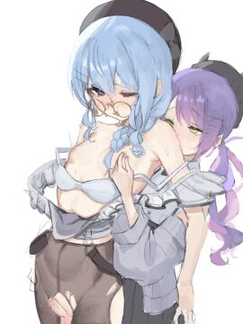 2girls absurdres ayeon balls black_hat black_pantyhose blue_eyes blue_hair blush bra bra_pull breasts clothes_pull detached_sleeves female futa_with_female futanari glasses green_eyes hair_between_eyes hat highres hololive hoshimachi_suisei intersex long_hair long_sleeves multiple_females multiple_girls nipple_stimulation nipple_tweak one_eye_closed pantyhose penis precum purple_hair round_eyewear simple_background small_breasts small_penis testicles tokoyami_towa torn_clothes torn_pantyhose uncensored underwear virtual_youtuber white_background
