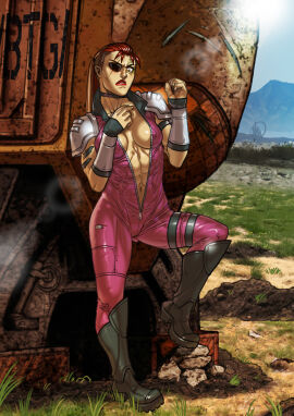 2024 4chan_thread abs battlemech battletech clan_(battletech) clothed_female commission eyepatch facial_tattoo female ganassa kristen_redmond mechwarrior muscular muscular_female nipple_bulge ponytail red_hair signature solo tagme