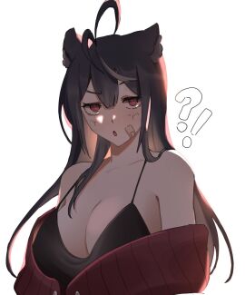 1girls ahoge animal_ear_fluff animal_ears antenna_hair bandaid bandaid_on_face bangs bare_shoulders black_bra black_hair blush breasts brown_hair brown_jacket cat_ears cleavage collarbone eyebrows_visible_through_hair female hair_between_eyes jacket large_breasts long_hair looking_at_viewer mole mole_under_eye momotexx_(vtuber) off-shoulder_sweater off_shoulder parted_lips red_eyes simple_background solo striped sweater upper_body virtual_youtuber vtuber vyugen white_background wolf_ears wolf_girl