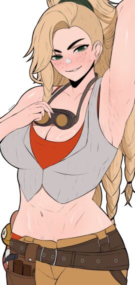 1girls abs arm_up armpit armpit_crease armpit_fetish armpits arms_up athletic athletic_female belly belly_button big_breasts blonde_hair breasts busty capcom cleavage edmun female female_only fit fit_female freckles gemma_(monster_hunter_wilds) green_eyes grin grinning huge_breasts large_breasts light-skinned_female light_skin long_hair mechanic monster_hunter monster_hunter_wilds slim_waist tagme tummy wide_hips