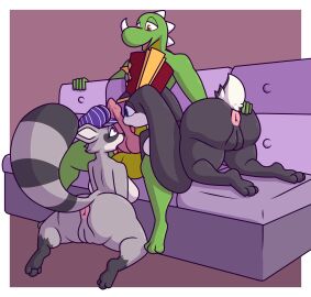 absurd_res black_body black_fur black_skin blue_eyes brown_eyes clothing female fur furrin_gok_(sona) genitals green_body green_skin grey_body grey_skin hat headgear headwear hi_res honkai:_star_rail indigo_park licking male mario_bros mihoyo multicolored_body multicolored_fur nintendo oral penile penis penis_lick pom-pom_(honkai:_star_rail) purple_eyes rambley_raccoon rex_(mario) sex tongue two-tone_body two-tone_fur two-tone_tail white_body white_fur