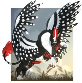 achak_(nightfox934) avian beak black_beak black_body black_claws black_feathers black_pawpads black_penis black_tail claws erection feathers feral genitals grass gryphon hi_res huskii-s male markings mouth_closed mythological_avian mythological_creature mythology outside pawpads penis plant red_markings red_penis solo spotted_wings spread_wings striped_legs striped_markings striped_tail stripes tail tail_markings tail_tuft tuft white_body white_feathers white_tail wings