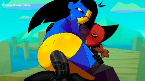 1futa 1girls anal anal_juice anal_penetration anal_sex anthro anus artist_name ass ass_juice balls black_eyes black_hair blue_skin ena ena_(series) female female_on_futa female_on_top female_penetrated futa_with_female futanari humanoid intersex interspecies joel_g long-haired_female long_hair mask multicolored_body naked naked_female newgrounds nude nude_female penetration penis purpleflamensfw sex testicles the_shepherd_(ena) whiskers yellow_eyes yellow_skin