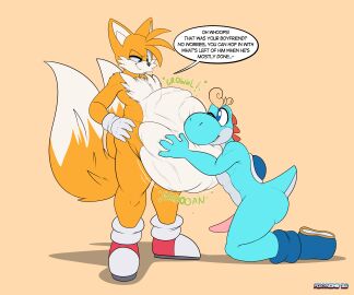 absurd_res ass belly big_belly black_nose blue_body canid canine chest_tuft clothing crossover digestion_noises footwear fox foxynoms fully_inside genitals gloves group half-closed_eyes hand_on_hip handwear hi_res listening_to_belly male male_only mammal multi_tail narrowed_eyes nintendo penis sega smile smirk sonic_(series) sonic_the_hedgehog_(series) super_mario_bros. tail tails tails_the_fox thick_thighs trio tuft vore yoshi