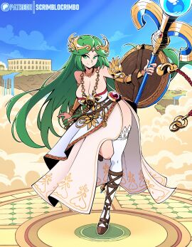 absurdres ancient_greek_clothes armlet artist_name bare_shoulders belt breasts chains chiton circlet collarbone commentary dress female forehead_jewel gold gold_chain greco-roman_clothes green_eyes green_hair highres holding holding_staff jewelry kid_icarus kid_icarus_uprising large_breasts laurel_crown long_hair multiple_belts neck_ring nintendo paid_reward_available palutena parted_bangs patreon_logo pendant scrimblocrimbo side_slit single_thighhigh smile solo staff strapless strapless_dress thighhighs tiara vambraces very_long_hair white_dress white_thighhighs
