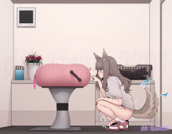 1futa altica2301 animal_ears artificial_vagina balls bangs bar_censor bottomless breasts breeding_mount brown_hair censored clothed clothing condom erection full_body futa_milking futa_only futanari highres humanoid humanoid_penis indoors intersex kemonomimi laundry_basket light_skin long_hair original partially_clothed penis penis_milking penis_milking_machine penis_wagging pixiv_username plant poking potted_plant shoes side_view sneakers socks solo squatting tail tail_wagging white_socks