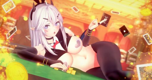 3d belly belly_button bowtie bracelet bracelets breasts breasts_out bunny_ears bunnysuit card casino coin collar deluxe_rosie demon demon_girl demon_horns elbow_gloves female fingerless_gloves gloves heart_pasties hips impossible_clothes indie_virtual_youtuber lying lying_down lying_on_side medium_breasts no_panties open_mouth pasties pointy_ears reverse_bunnysuit stomach succubus table thighs tight_clothing veibae virtual_youtuber white_hair wide_hips