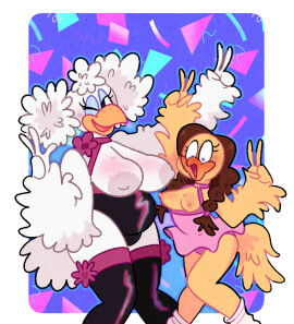 2025 2d 2d_(artwork) 2d_artwork 2girls alternate_version_at_source anthro areola areolae avian bird bird_girl birdie_the_early_bird blue_eyeshadow breast_size_difference breasts canary chicken chubby chubby_female chuck_e_cheese_(franchise) clothed clothed_female digital_art digital_drawing_(artwork) digital_media_(artwork) dress duo exposed_breasts female furry furry_female galliform gallus_(genus) helen_henny leggings mascot mcdonald's nipples peace_sign perky_breasts perky_nipples phasianid shocked shocked_expression small_breasts smaller_female tagme thick thick_thighs thighs tiddygoat twintails white_feathers white_hair wink winking yellow_feathers