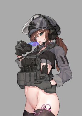 black_legwear black_stockings black_thighhighs blue_eyes brown_hair dildo dildo_gag dildo_in_mouth dildo_mask dildo_reveal female female_only gloves hairless_pussy headphones heart-shaped_pupils helmet legwear mask military military_helmet military_uniform ponytail pussy shrug_(clothing) solo solo_female solo_focus stmast stockings termichan_(not-a-bot) thighhighs vibrator vibrator_in_pussy vibrator_in_thighhighs visor_(armor) visor_helmet