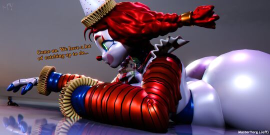 1boy 1girls 3d 3d_model animatronic animatronic_female ass ass_up big_breasts bowtie braid braided_hair breasts clothed clown clown_girl clown_makeup clown_nose curvy curvy_figure dialogue eyeliner face_down_ass_up female five_nights_at_freddy's five_nights_at_freddy's:_secret_of_the_mimic giant_ass giant_breasts giantess glitchtrap green_eyes headwear huge_breasts jack_in_the_box_(toy) jackie_(fnaf) jackie_(mishuuyu) male masteryorg0 microskirt mishuyuu party_hat red_hair robot robot_girl shirt short_skirt skirt solo the_mimic_(fnaf) tutu twintails white_skin william_afton
