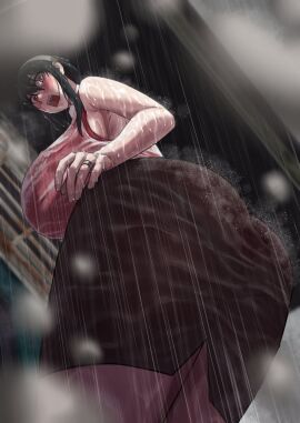 akai_melon black_hair bra_visible_through_clothes huge_ass huge_breasts pale-skinned_female rain red_eyes suprised_look voluptuous_female wedding_ring wet_clothes yor_briar