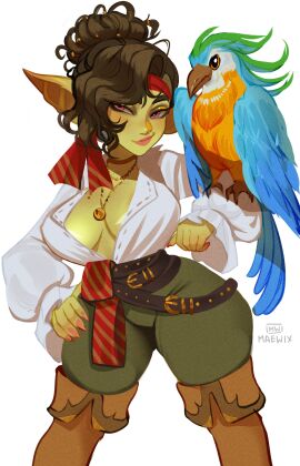 1girls absurd_res bandana bird breasts brown_hair clothing female female_only goblin goblin_female gobtober gobtober_2024 green_skin hand_on_hip inner_sideboob knee_boots looking_at_viewer maewix1 necklace pink_eyes pirate pirate_girl pointy_ears smiling smiling_at_viewer smirk solo thick_thighs tied_hair white_background wide_hips