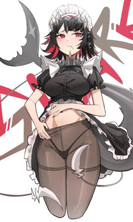 blush dress_lift ellen_joe embarrassed female hoyoverse kiritzugu maid panties pantyhose taking_clothes_off worried zenless_zone_zero