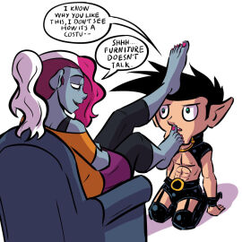 1boy 1girls absurdres barefoot black_hair boots_removed canon_couple dark_elf dark_elf_female dialogue dialogue_bubble dominant_female drow drow_(dnd) dungeons_and_dragons dyed_hair elf_female feet feet_on_head female foot_fetish foot_focus foot_lick foot_worship footstool funny gnome gnome_male goals grey_skin gwen_gearheart_(newman) highres joshulrich_(artist) licking_foot loving_couple male newman_(newman) pink_hair pink_toenail_polish punk_girl punk_hair romantic_couple submissive_male suggestive_look teasing toes webcomic webtoon