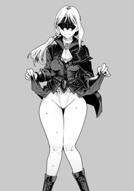 1girls blindfold blindfolded blush blushing duchess_(elden_ring) duchess_(nightreign) elden_ring elden_ring_nightreign embarrassed female female_only fromsoftware hips legs lifting_skirt monochrome nakasone_haiji nervous panties partially_clothed shy skirt_lift skirt_up sweat sweating sweaty sweaty_legs thick thighs uncolored underwear