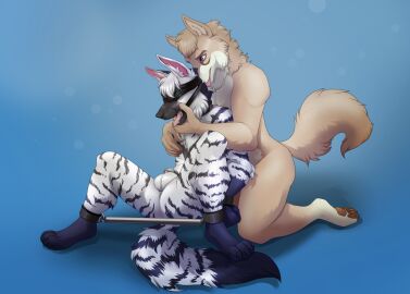4_toes 5_fingers aardwolf anthro balls behind_another belly black_nose blindfold blue_feet blue_hands blue_striped blue_tail_tip bondage bound brown_pawpads canid canine canis chastity_cage chastity_device claws collar crazydonkey cuff_(restraint) dipstick_tail dominant dominant_male duo ear_tuft feet fingers fluffy fluffy_tail fur gag gagged genitals gradient_background hair hands_behind_back head_down hi_res holding_muzzle hug hugging_another hugging_from_behind hyena kneeling male male/male mammal markings master/pet metal_chastity_cage moonmoon neck_tuft nude open_mouth pawpads purple_eyes restrained_arms restraints ring_gag simple_background sitting slim_male spread_legs spreader_bar spreading striped_markings striped_tail stripes submissive submissive_male tail tail_markings tan_belly toe_claws toes tongue tongue_out tuft veres_(crazydonkey) white_body white_fur white_hair wolf yellow_body yellow_fur