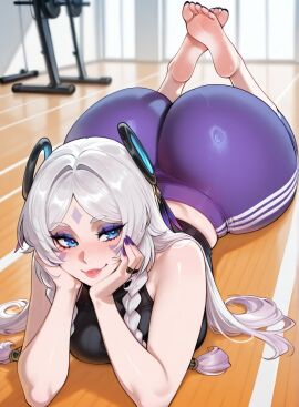 barefoot citlali_(genshin_impact) feet feet_up laying_down laying_on_floor laying_on_stomach lipstick nail_polish purple_nail_polish purple_nails thick_ass thick_hips thick_legs thick_lips thick_thighs toes yoga_pants