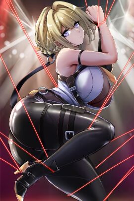 1girls absurdres big_breasts black_pants blonde_hair bound bound_wrists breasts cleavage commentary english_commentary evelyn_chevalier female high_heels highres large_breasts paid_reward_available pants purple_eyes see-through_cleavage see-through_clothes shirt short_hair skin_tight slash-ex solo tied_up_(nonsexual) white_shirt zenless_zone_zero