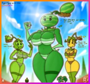 2d 2d_(artwork) 3girls agonywelds angelsagony ass big_ass big_breasts bigger_female bikini breasts cabbage-pult_(pvz) curvy curvy_figure female femdom glowing kerna kernel-pult_(pvz) kevin lens_flare looking_at_viewer low-angle_view melon_pult meme panties peashooter_(pvz) plant plant_girl plantie plants_vs_zombies pvz striped_panties talking_to_viewer taller_female text thick_ass thick_thighs thighs thong umbrella_leaf_(pvz) underwear wide_hips
