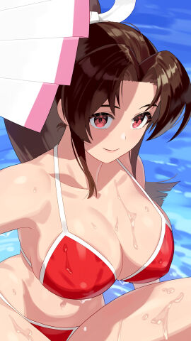 1girls bare_shoulders bikini breasts brown_eyes brown_hair cleavage closed_mouth fatal_fury female folding_fan hand_fan high_ponytail highres holding holding_fan king_of_fighters large_breasts long_hair looking_at_viewer mai_shiranui navel ponytail red_bikini smile snk solo stomach swimsuit the_king_of_fighters thighs water wet yagi2105