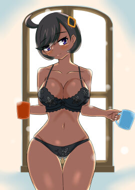 1girls bare_midriff boobs bra bra_only breasts cups dark-skinned_female emma_(pokemon) emma_(pokemon_legends:_z-a) female female_only female_solo holding_cup lingerie matiere_(pokemon) matiere_(pokemon_legends:_z-a) nintendo panties panties_only pokemon pokemon_legends:_z-a short_black_hair short_hair solo solo_female solo_only underwear underwear_only