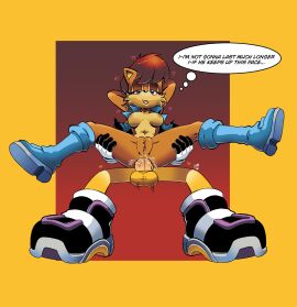 anal anal_sex archie_comics blush boots breasts female from_below mobian mobian_(species) mobian_hedgehog nipples pussy pussy_juice sally_acorn sonic_(series) sonic_the_hedgehog_(archie) sonic_the_hedgehog_(comics) sonic_the_hedgehog_(series) speech_bubble spread_legs star_(stariolair_oc) stariolair sweat