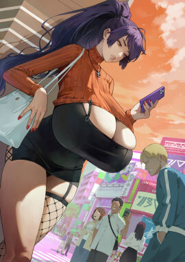 agoppdki agu_(agoppdki) asian_female bag black_hair blonde_hair bored bored_expression breasts brown_eyes cityscape cleavage colorized commentary_request faceless faceless_female faceless_male feet_out_of_frame female fishnets grey_background highres huge_breasts jewelry long_hair looking_at_object looking_at_viewer male mature_female maya_motoko_(agu) mole mole_under_eye mole_under_mouth motoko_maya necklace orange_sky original pearl_necklace phone ponytail purple_hair red_nails road short_hair sky smile standing street sweater tagme thighs tight_skirt turtleneck turtleneck_sweater urban very_short_skirt