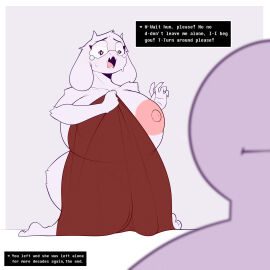 1boy 1girls areola areolae ass big_ass big_breasts blanket blush breasts coffilatte crying dialogue dialogue_box fat_ass female furry get_owned goat_mom holding holding_object holding_sheet huge_areola huge_areolae huge_breasts male milf nipples pink_areola stupid_idiot tagme tears text toriel undertale undertale_(series) voluptuous voluptuous_female