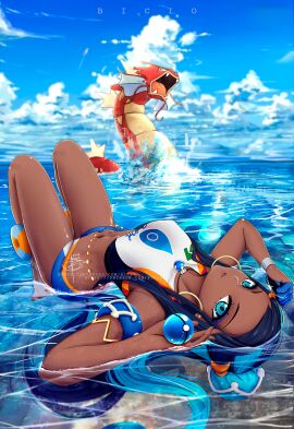 1girls alternate_color aqua_eyes aqua_hair armlet belly_chain bicio bikini black_hair caustics cloud dark-skinned_female dark_skin day earrings eyeliner eyeshadow female female_focus gen_1_pokemon gloves gyarados gym_leader hair_bun highres holding holding_poke_ball hoop_earrings jewelry long_hair lying makeup multicolored_hair necklace nessa_(pokemon) nintendo ocean on_back partially_fingerless_gloves poke_ball pokemon pokemon_(creature) pokemon_ss sfw shiny_pokemon single_hair_bun sky solo sportswear swimsuit tankini two-tone_hair water watermark web_address