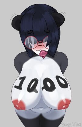 1girls :3 animal_ears anthro areolae arms_behind_back belly belly_button black_hair blush body_writing bowl_cut breasts breasts_bigger_than_head breasts_out chubby chubby_female condom condom_in_mouth eyebrows_visible_through_hair eyes_covered eyewear female front_view furry glass high-angle_view huge_breasts milestone_celebration mimi_(sexydomoart) motion_lines naked naked_female nipples panda panda_ears panda_girl round_glasses sexydomoart short_hair standing topless writing_on_body