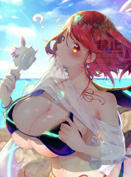 1girls absurdres alternate_costume bikini breasts core_crystal female highres huge_breasts nemu_(ut_kakinotane) pyra red_eyes red_hair solo swimsuit xenoblade_(series) xenoblade_chronicles_2