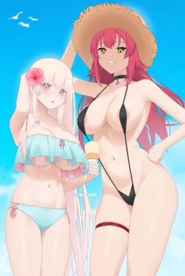2girls :o absurd_res absurdres aqua_bikini aqua_bikini_bottom aqua_bikini_top aqua_hair_ribbon aqua_ribbon aqua_swimsuit aqua_swimwear areola_slip areolae areolae_slip armpits ass bare_armpits bare_arms bare_back bare_belly bare_breasts bare_chest bare_hands bare_hips bare_legs bare_midriff bare_navel bare_shoulders bare_skin bare_thighs bare_torso belly belly_button bikini bikini_bottom bikini_top black_bikini black_choker black_one-piece_swimsuit black_swimsuit black_swimwear blanche_neige_(svet_yomi) blue_sky breasts choker cleavage cleft_of_venus clouds collarbone curvy curvy_body curvy_female curvy_figure curvy_hips curvy_thighs day daytime dot_nose elbows female female_focus female_only fingers flower flower_hair_ornament groin hair_between_eyes hair_ornament hair_ribbon half_naked hand_on_head hand_on_hip hand_on_own_head hand_on_own_hip hand_on_own_waist hand_on_waist hat high_resolution highres hourglass_figure ice_cream ice_cream_cone knees large_breasts legs light-skinned_female light_skin lips long_hair looking_at_viewer multiple_females multiple_girls naked naked_female navel nipple_bulge nude nude_female one-piece_swimsuit original outdoors outside parted_lips pink-eyed_female pink-haired_female pink_eyebrows pink_eyes pink_hair pussy ribbon shoulders sideboob simple_background sky slender_body slender_waist slim_female slim_waist smile smiling_at_viewer sorath_(svet_yomi) standing straw_hat svet_yomi swimsuit swimwear thick_thighs thighband thighs thin_waist underboob upper_body v-line white-haired_female white_hair wide_hips yellow-eyed_female yellow_eyes
