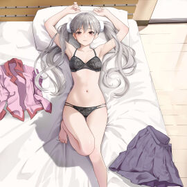 armpits arms_up ass_visible_through_thighs bare_arms bare_belly bare_legs bare_shoulders bare_thighs barefoot bed bed_sheet belly_button black_bra black_panties blush body_blush bra breasts brown_eyes cleavage collarbone feet female gibun_(sozoshu) grey_hair lace-trimmed_bra lace-trimmed_panties long_hair lying monogatari_(series) oikura_sodachi one_knee_up panties parted_lips small_breasts thigh_gap thighs toes twintails underwear unworn_shirt unworn_skirt