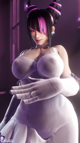 1girls 3d alternate_costume alternate_version_available bhigbhee black_hair bow breasts choker dress earrings female female_only gloves hi_res highres jewelry juri_han large_breasts lipstick long_gloves looking_at_viewer makeup pink_hair street_fighter two-tone_hair watermark wedding_dress wedding_ring