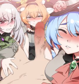 1boy 3girls anger_vein animal_ear_fluff animal_ears black_headband blue_archive blue_hair censored clothed_female_nude_male commentary_request erection female flower grey_hair hat hat_flower headband highres long_hair male mari_(blue_archive) mari_(idol)_(blue_archive) mine_(blue_archive) mine_(idol)_(blue_archive) mosaic_censoring multiple_females multiple_girls nude official_alternate_costume orange_hair pov saki_(remainaddd) sakurako_(blue_archive) sakurako_(idol)_(blue_archive) top_hat