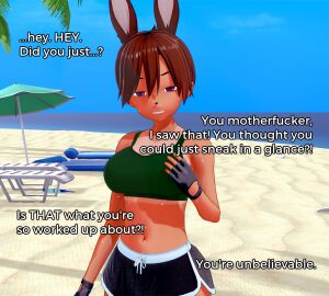 3d_(artwork) beach breasts bunny_ears bunny_girl dialogue dolphin_shorts female fenrir:_blood_of_the_covenant koikatsu looking_at_viewer lulu_(fenrir) mollyavast sweat sweaty_body tan_lines