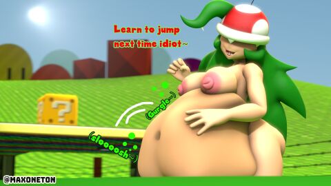 1girls 3d areola belly belly_bulge belly_expansion big_breasts breasts digested_prey digestion digestion_noises female mario_(series) maxoneton nipples piranha_plant piranha_plant_girl super_mario_bros. text vore vore_belly