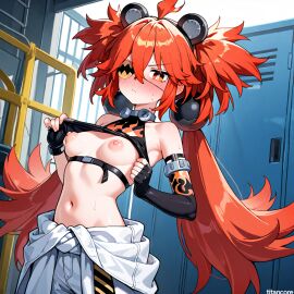 (titancore) ai_generated blush breasts_out construction_site curvy_figure cute_girl eyepatch female girl hair_ornament holding_breast jumpsuit koleda_belobog locker_room long_hair puffy_nipples red_eyes red_hair small_breasts sweatdrop twintails undressing video_game_character zenless_zone_zero