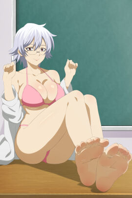 barefoot big_breasts bikini blackboard breasts canon_genderswap class_3-z classroom cleavage desk feet female female_only foot_fetish foot_focus full_body genderswap genderswap_(mtf) ginko_sakata gintama gintoki_sakata glasses labcoat looking_at_viewer off_shoulder official_alternate_costume open_jacket pink_bikini red_eyes rule_63 short_hair sitting smile solo teacher underboob white_hair zorzero