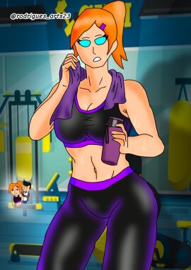 big_breasts blue_eyes breasts cute_face female gym redhead_female sweaty thick_thighs