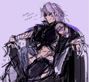 abs chair chair_position chair_sex chief_(path_to_nowhere) clawed_fingers claws clothed clothed_sex clothes cunnilingus dominant_female female female_chief_(path_to_nowhere) jacket muscular muscular_female necklace path_to_nowhere submissive_female tattooes windbloomnsfw zoya_(path_to_nowhere)