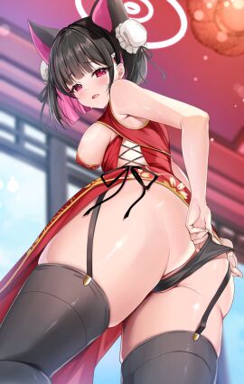 after-school_sweets_club_(blue_archive) alternate_costume animal_ears ass bare_shoulders black_hair black_panties black_thighhighs blue_archive blush breasts cameltoe cat_ears china_dress chinese_clothes colored_inner_hair double_bun dress embarrassed female from_behind garter_straps hair_bun halo highres katsushika_pachi kazusa_(blue_archive) large_breasts looking_at_viewer looking_back low-angle_view multi_ear multicolored_hair nipple_bulge panties pink_hair pussy red_dress red_eyes short_hair sideboob sleeveless sleeveless_dress solo sweatdrop thighhighs trinity_general_school_student two-tone_hair underwear worried