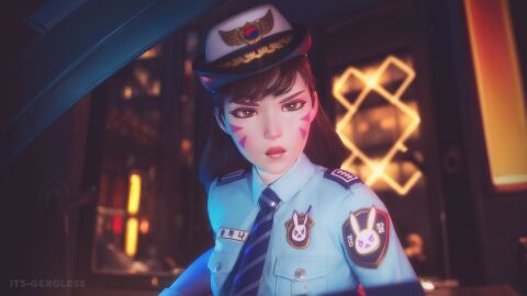 1girls 3d brown_eyes clothed clothed_female clothing d.va female female_only gloves its-gergless looking_at_viewer nipples open_mouth overwatch overwatch_2 police police_hat police_officer police_officer_d.va police_uniform policewoman tagme tie window