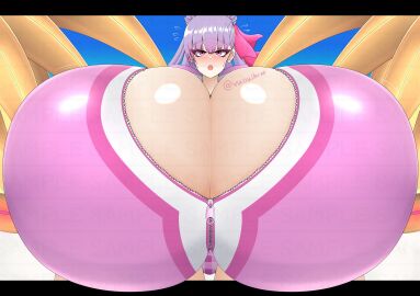 1girls blush blushing blushing_at_viewer breasts breasts_bigger_than_head breasts_bigger_than_torso bursting_breasts enormous_breasts female hyper hyper_breasts long_hair passion_lip passionlip_(swimsuit_saber) pink_ribbon pink_swimsuit solo_female tagme vuouihcxe watermark zipper