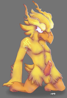 anthro avian balls beak bird bodily_fluids brawl_stars corvid corvus_(genus) crow crow_(brawl_stars) erection feathers genital_fluids genitals hi_res kneeling male nude oscine passerine penis pink_penis precum pupils red_pupils simple_background solo solo_male supercell_(company) yellow_body yellow_feathers