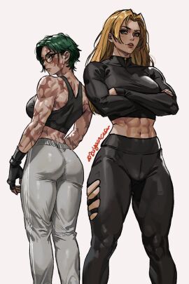 abs arms_crossed back_to_back back_to_viewer blonde blonde-haired_female blonde_hair burn_scar female glasses green_hair gym_clothes jujutsu_kaisen long_hair looking_back midriff muscular muscular_female scar short_hair tank_top thick_thighs white_background yuki_tsukumo zenin_maki zuyuancesar