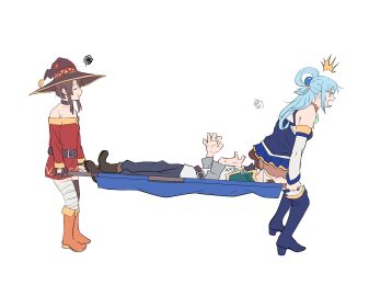 1boy 2girls absurdres accidental_pervert aldwelter aqua_(konosuba) ass ass_crack ass_in_face bare_ass blue_dress blue_eyes blue_footwear blue_hair blue_skirt boots bottomless brown_footwear brown_hair butt_crack buttocks cape closed_eyes detached_sleeves dress exposed_ass face_in_ass female fingerless_gloves gloves green_cape green_ribbons hair_ornament hand_up hat highres kono_subarashii_sekai_ni_shukufuku_wo! long_hair male megumin meme multiple_females multiple_girls no_panties no_panties_under_skirt no_underwear pervert red_dress rescue ribbon satou_kazuma scene_reference short_hair simple_background sitting sitting_on_face sitting_on_person skirt stretching surprised sweat thighhighs third-party_edit witch_hat