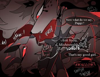 2024 4_arms 4_fingers anthro anthro_on_anthro areola arthropod asphyxiation bee black_and_white_and_red black_choker black_jewelry black_necklace black_nose black_text blush bodily_fluids bondage breast_size_difference breasts breath_play canid canid_demon canine canis choker clothing demon dominant dominant_female dominatrix drooling_into_mouth duo english_text eye_contact female female/female female_anthro fingerless_gloves fingers fox fur gloves grey_body grey_ears grey_fur grey_hair grey_nose grey_text hair hair_over_eye half-closed_eyes hand_on_neck hand_on_wrist handwear hellhound helluva_boss hybrid hymenopteran inner_ear_fluff insects jewelry light lighting long_hair looking_at_another loona_(helluva_boss) lying mammal medium_breasts moan multi_arm multi_limb multicolored_body multicolored_fur mythological_canine mythological_creature mythology narrowed_eyes neck_grab necklace nipples no_pupils on_back one_eye_obstructed onomatopoeia open_mouth pink_areola pink_nipples pink_tongue potatonebula pupils queen_bee-lzebub_(helluva_boss) red_eyes red_sclera red_text saliva shaded signature slit_pupils small_breasts snout sound_effects speech_bubble spitting spitting_in_mouth submissive submissive_female text throat_grab tongue tongue_out tuft white_body white_eyes white_fur white_inner_ear white_inner_ear_fluff white_text wolf yuri