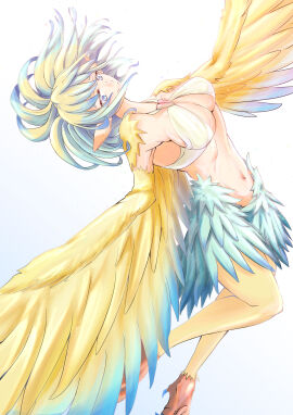 1girls bangs bird_legs blue_eyes blue_hair breasts cleavage clothing dungeon_ni_deai_wo_motomeru_no_wa_machigatteiru_darou_ka feathered_wings feathers female gradient_hair harpy harpy_girl hiroki_kawayama large_breasts long_hair looking_at_viewer medium_breasts midriff monster_girl multicolored_hair navel pointy_ears ray_(danmachi) solo talons winged_arms wings