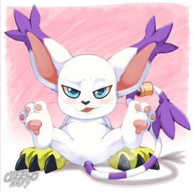 2024 blue_eyes blush cheesoart digimon digimon_(species) feline furry gatomon hi_res inviting legs_apart legs_up looking_at_viewer narrowed_eyes pawpads sitting smiling smiling_at_viewer smug_face tail tail_ring
